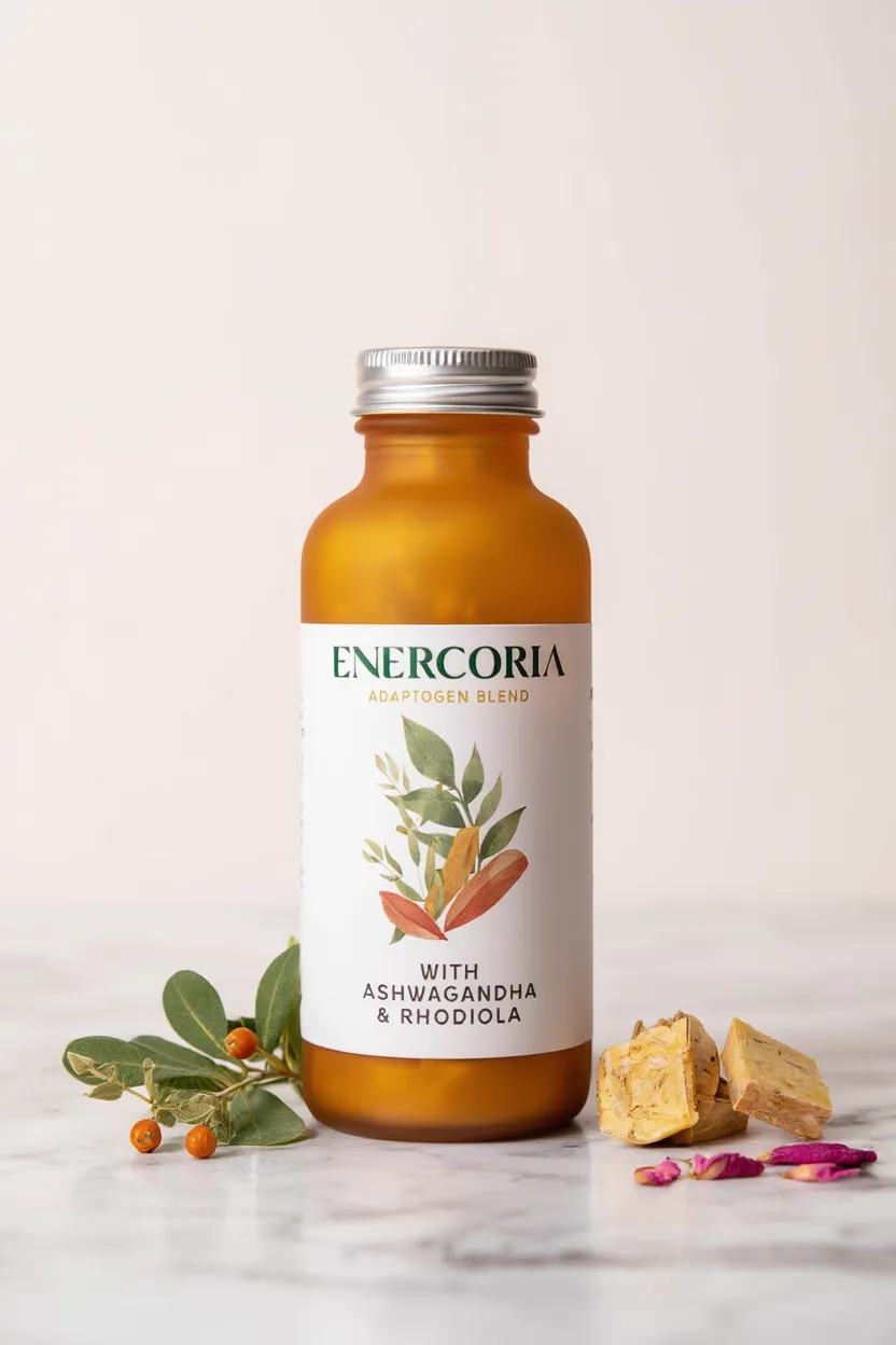 Enercoria wellness supplement bottle with natural ingredients displayed on a clean surface